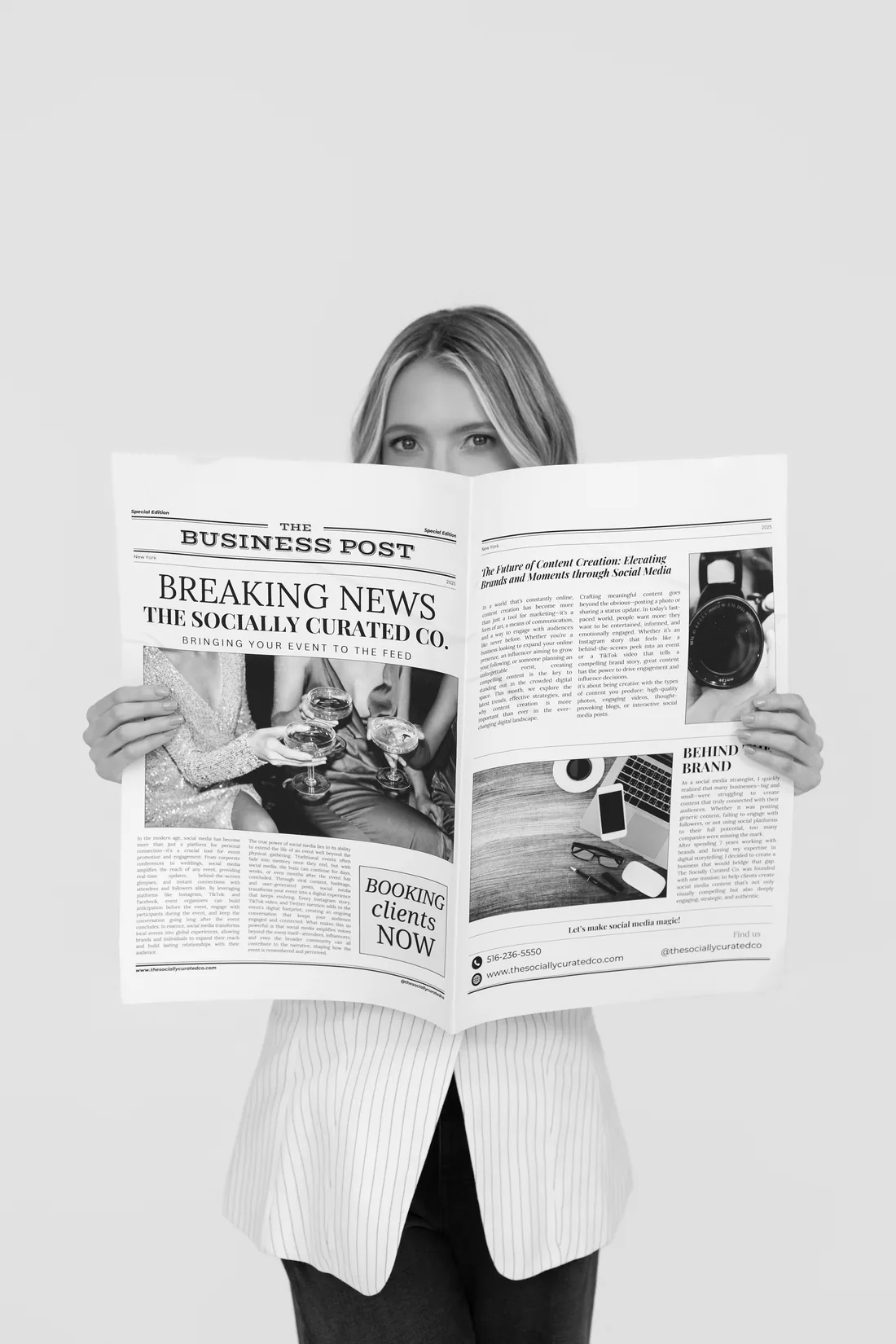 Alyson reading a newspaper with a Socially Curated Co. breaking news headline